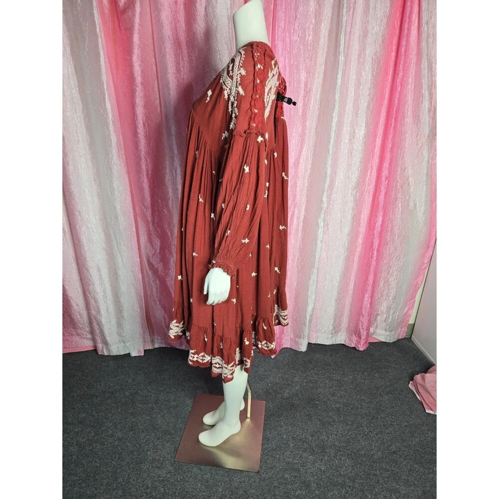Free People Red Wine  Embroidered Crochet  Bohemian Dress With Slip Size Medium